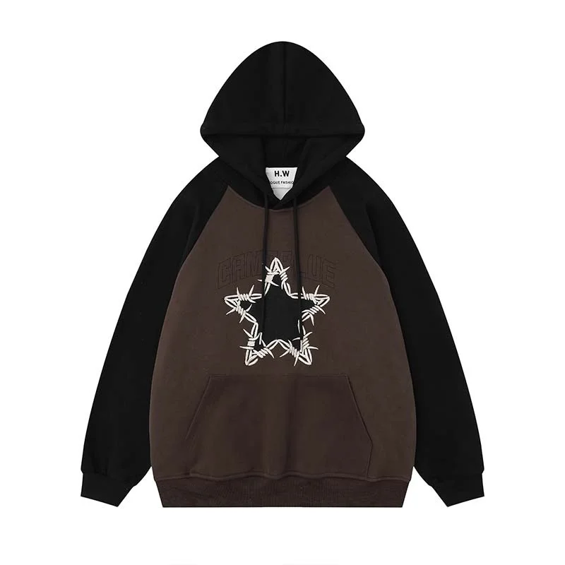 

Vintage Patchwork Colour Hoodie Star Printed Hip Hop Hooded Sweatshirt Jacket Men Pullovers Loose Coat Top