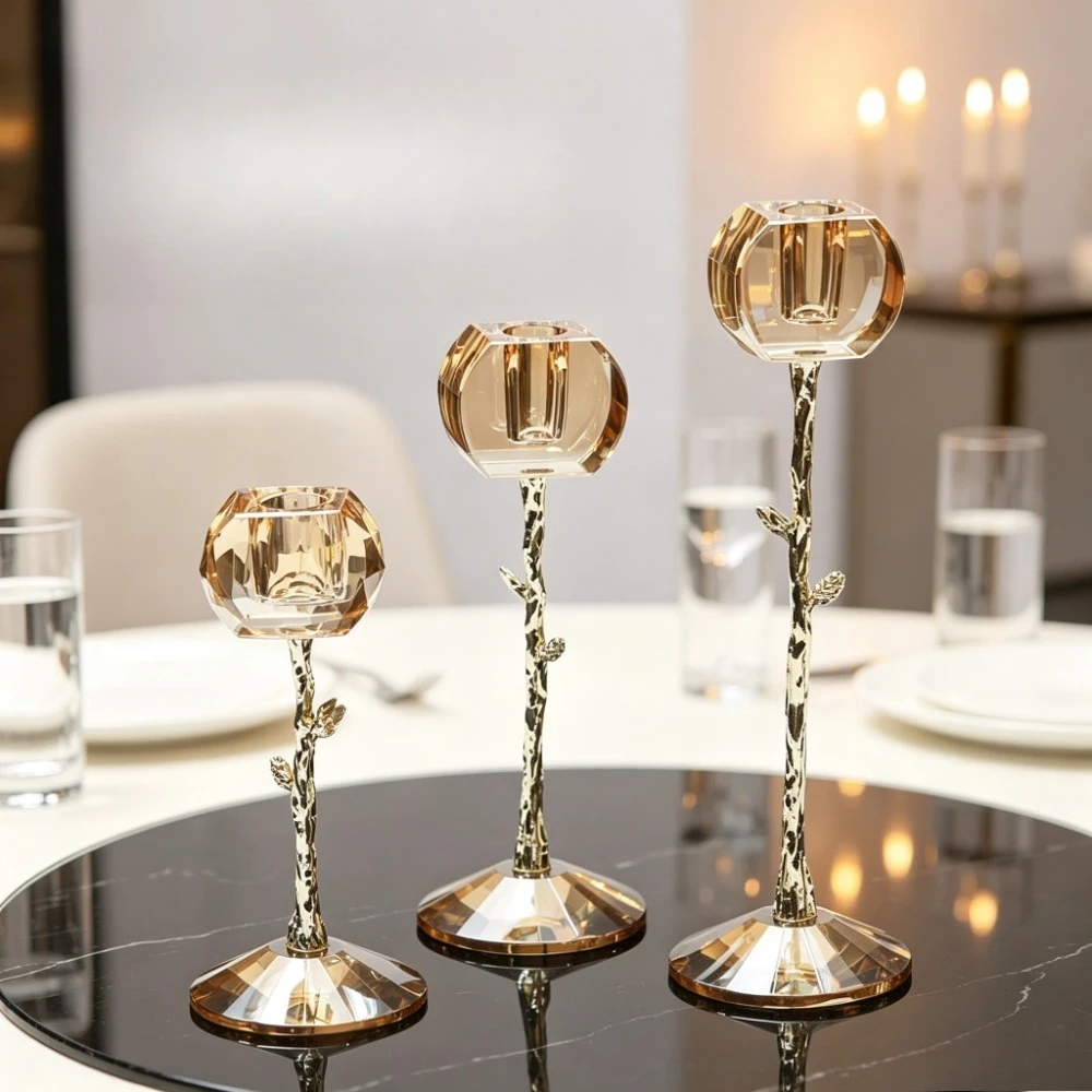 Amber Crystal Taper Candle Holder Metal Branch Candlestick Elegant Tabletop Ornament for Wedding Dining Home Decor