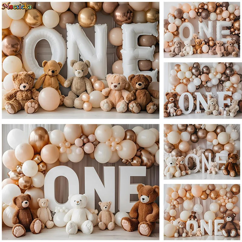 

Mocsicka Baby Show Photography Background 1st Happy Birthday Teddy Bear Balloon Backdrop Kid Portrait Cake Smash Photo Banner