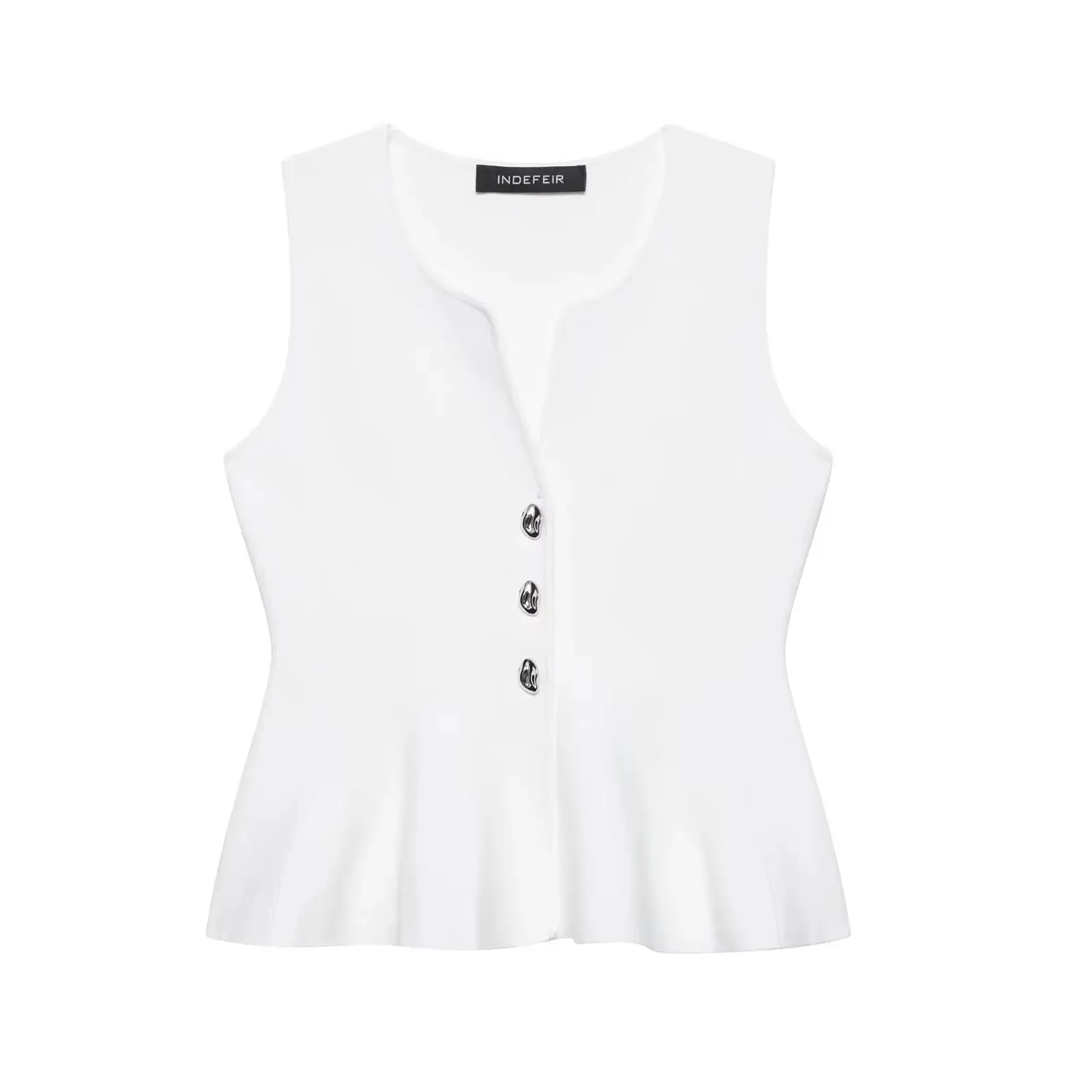 

KONDALA Chic White Pleated Button Sheath Woman Vest Sleeveless Office Lady Knit Top High Street Fashion 2025 Summer Elegant Tops