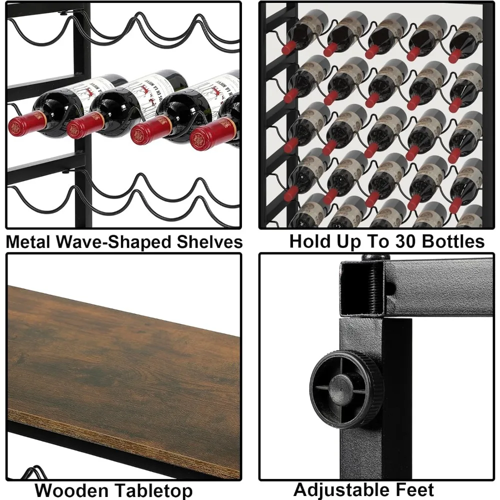 6-Tier Wine Rack with Wooden Table Top, Holds 30 Bottles, Freestanding Floor Storage for Kitchen Bar Pantry