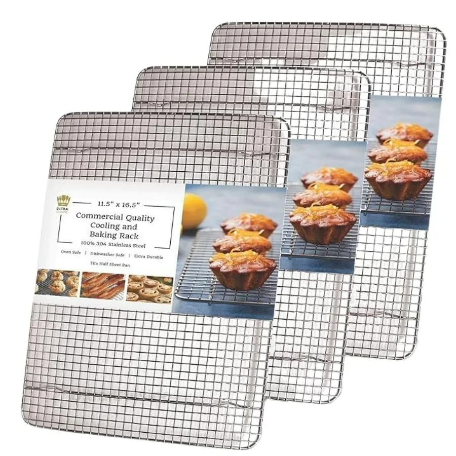 

Stainless Steel Wire Cooling Rack for Baking – 3 Pack fits Half Sheet Pans Cool Cookies, Cakes, Breads - Oven Safe for Cooking,