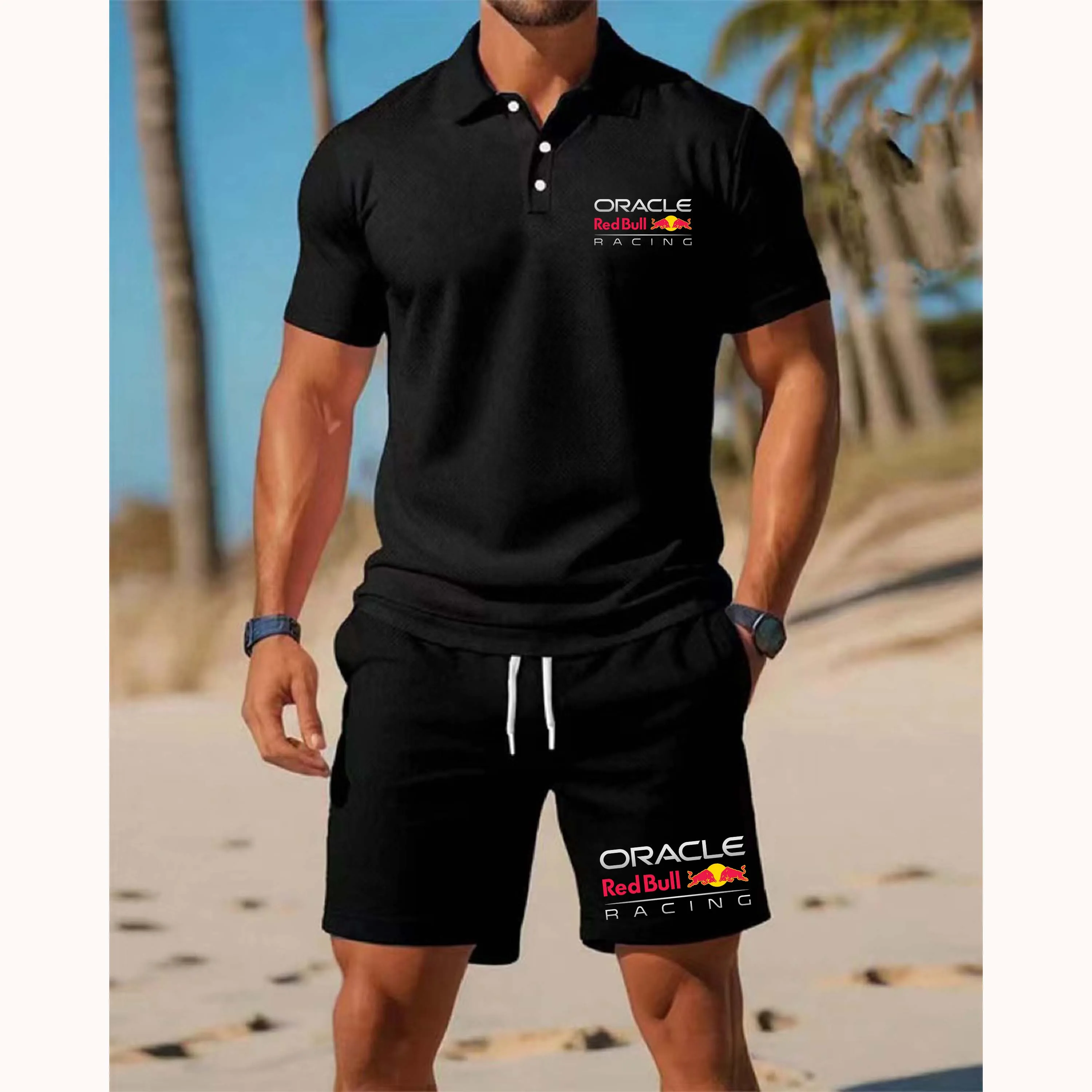 

Men'S Summer New Red Bull Racing Mesh Fabric Polo Shirt Collar Short Sleeved Shorts Casual Set Loose Beach Sports Breathable Set