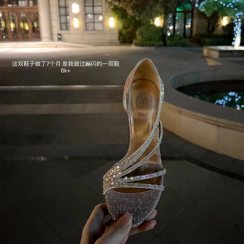 Women Sandals Elegant Party Wedding Shoes Bride Summer High Heels Rhinestone Fashion Sexy Sweet Woman Dress Slip-on Stiletto New