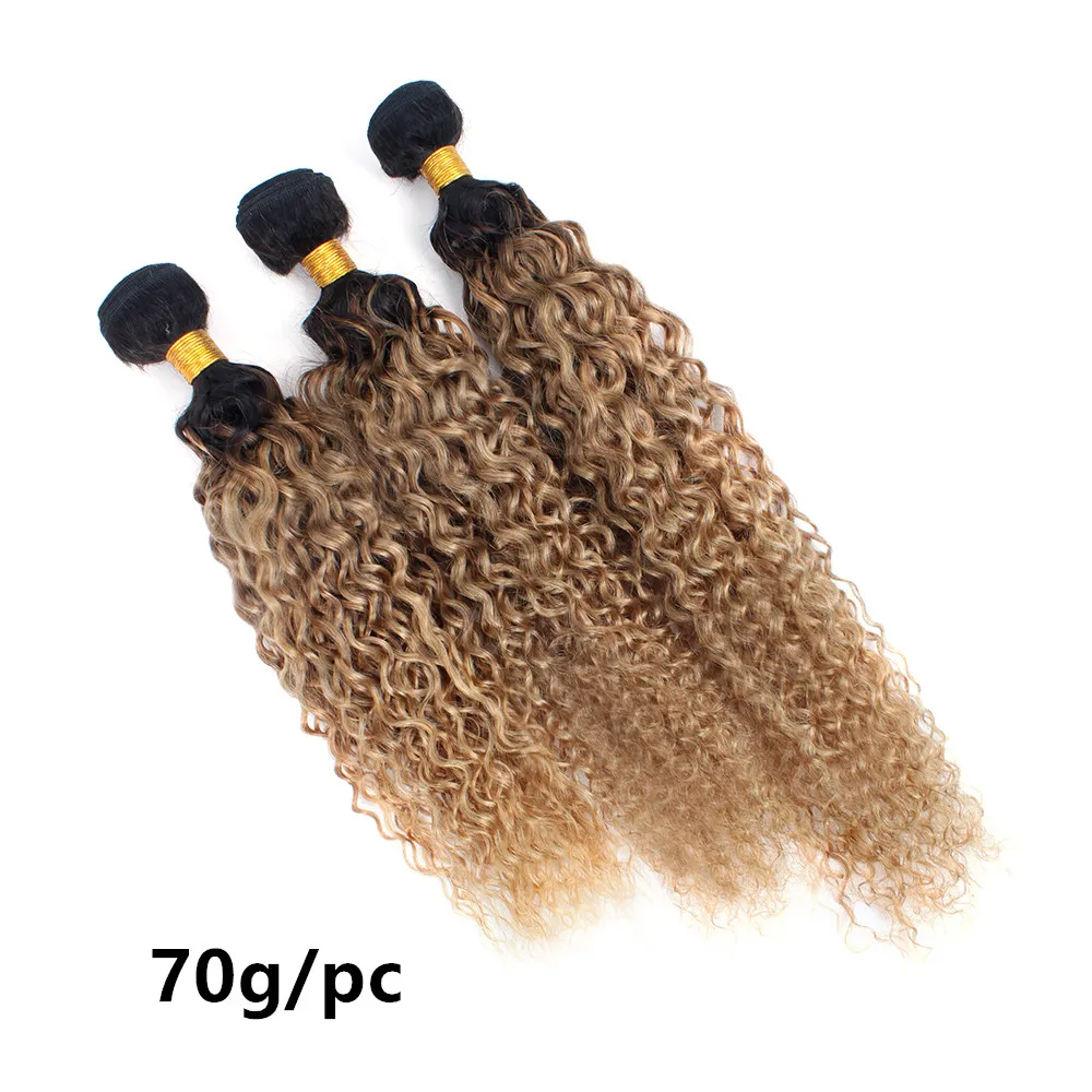 Curly Human Hair Bundles With Closure 1B/27 Ombre Blonde 100% Human Hair Extensions For Girls Women Colored Lace Closure