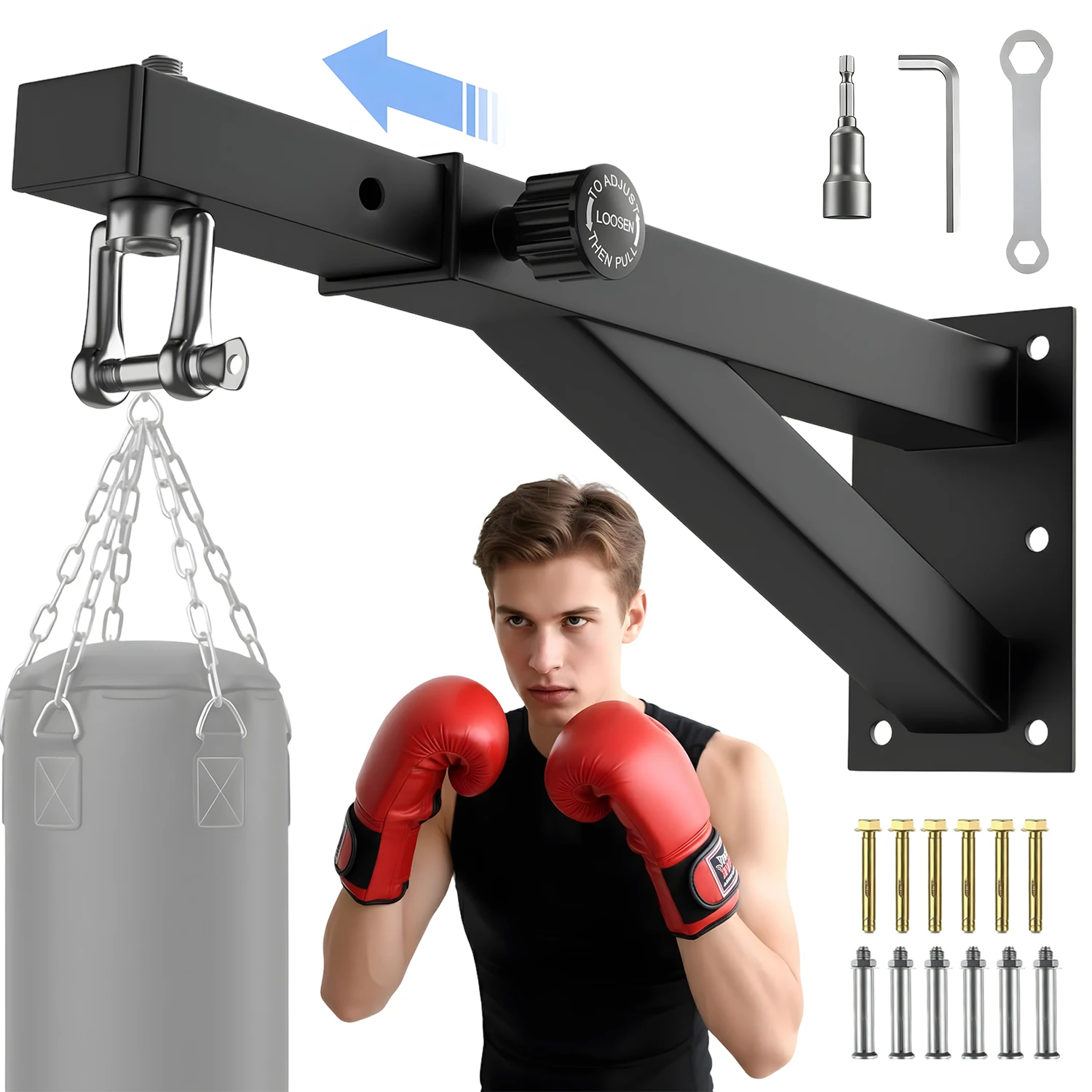 1 ensemble de supports muraux pour sac de boxe, longueur réglable et design à bouton, peut supporter jusqu'à 300 kg, adapté pour la maison, le bureau et la salle de sport.