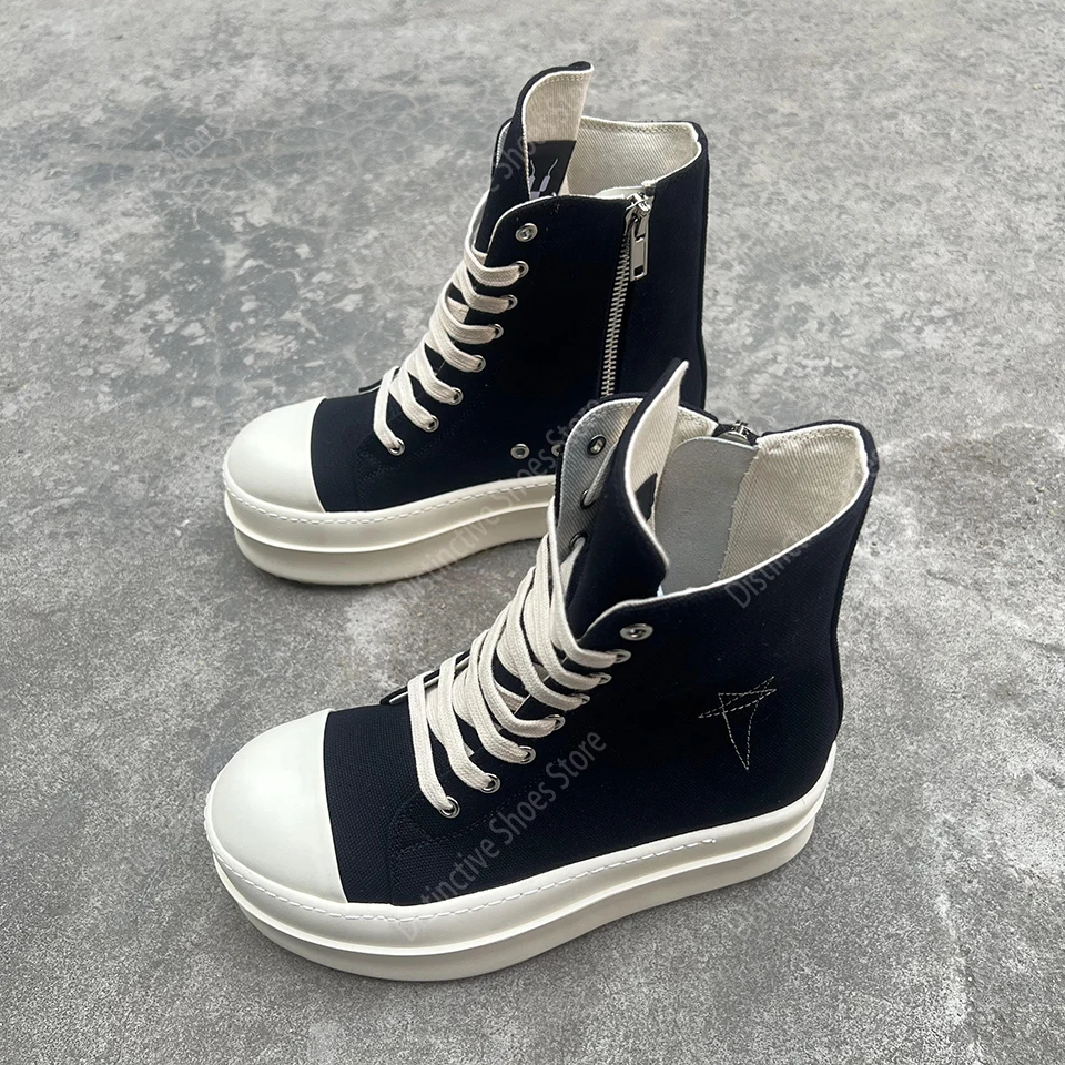 

Double Bottom Quality Canvas Shoes for Men and Women High Top Lace Up Zipper Closed Flat Platform Bootie Star Decor Shoes