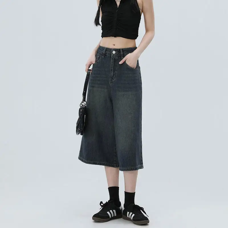 American Style High Waist Wide Leg Seven-Foot Women's Jeans Spring Summer New Style Slimming Jeans Trendy Personality