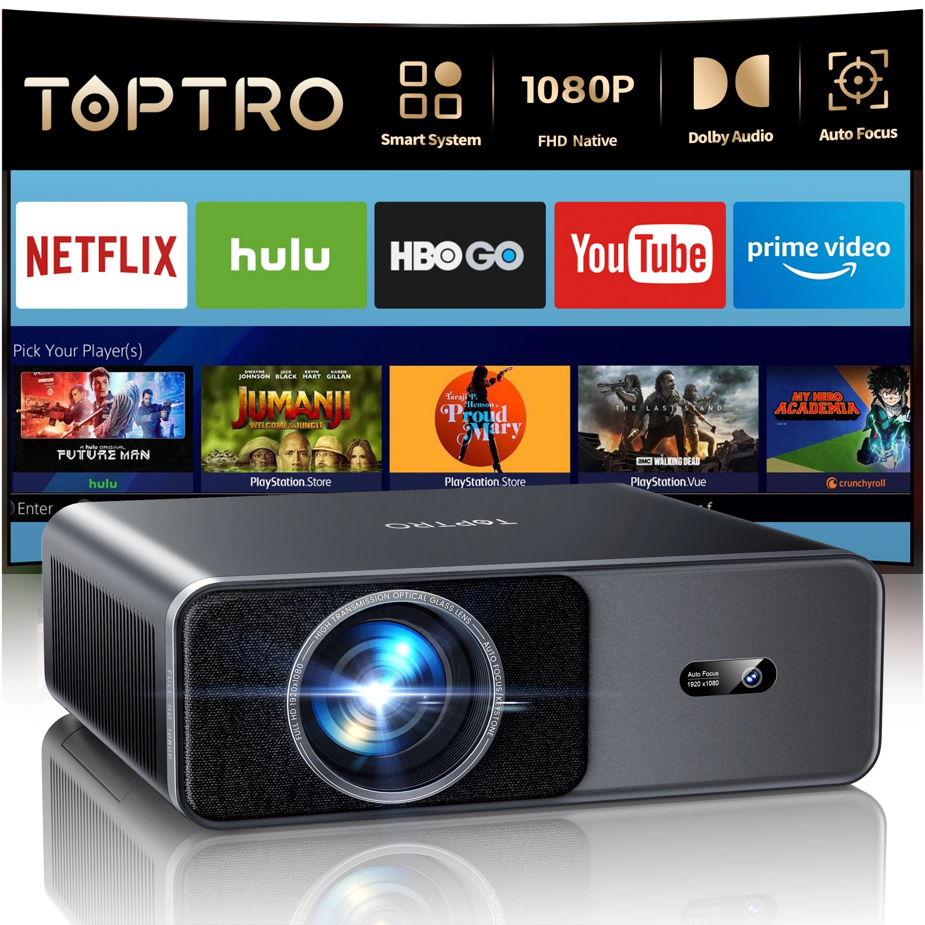 

TOPTRO 4K Projector 1000ANSI Auto Focus/Keystone WiFi BT5.1 Full HD 1080p Smart Home Theater Movie Projector Official Netflix
