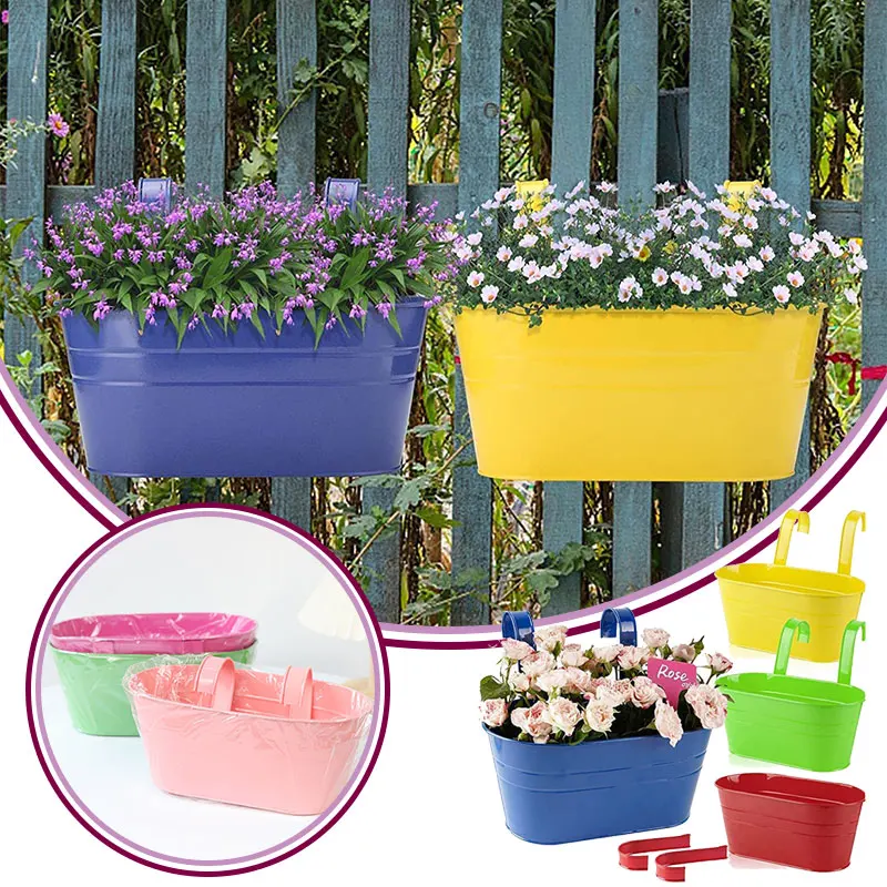 

6-Pack Metal Hanging Flower Pot, Hanging Bucket Planters Detachable Hooks Bucket Pots For Railing Fence Balcony Garden Yard Pots