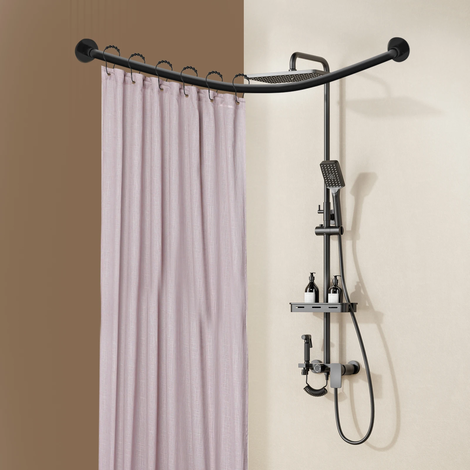 Telescopic L-Shape Shower Curtain Rod Durable Shower Curtain Rail with Shower Curtain Rings Stainless Steel Corner Rod