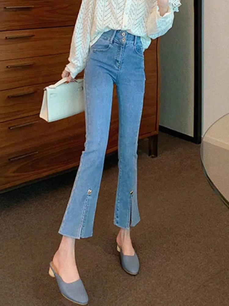 Ankle-length Jeans Women Boot Cut Design Elegant Temperament Simple All-match High Waist Ladies Summer Slit Daily Korean Style