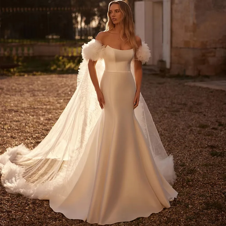 Luxury Satin Wedding Dress Off Shoulder Feather Cape Detachable Mermaid Bridal Gowns Sweep Train Bride Vestido De Noiva Fashion