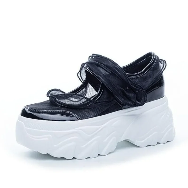 

9CM Air Mesh Women Summer Mary Jane Lace Slides Sandals Platform Wedge Microfiber Mules Shoes Chunky Sneaker Platform Wedge