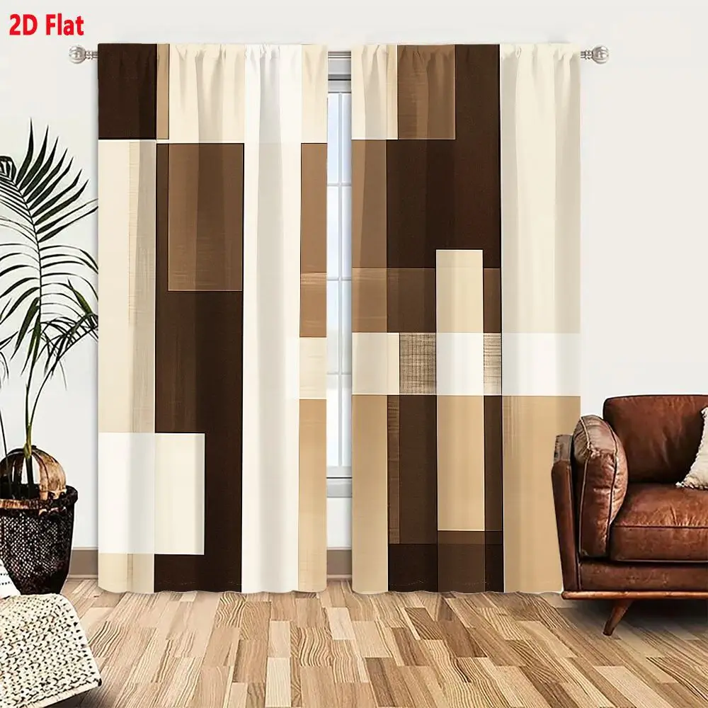 2Pcs Curtains 2D Flat Geometric Abstract Composition With Brown Beige White Rectangular Blocks Grid Pattern Minimalist Earthy To
