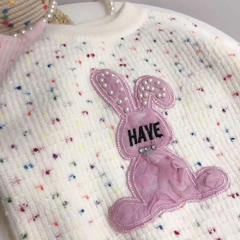 2024 Girl s Latest Pink Rabbit Children\'s Fashionable And Cute Sweater Cartoon Bead Rabbit Girl Sweater Girl Knitwear