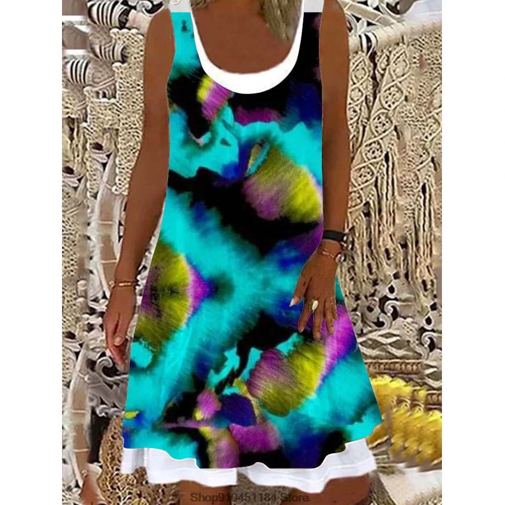 Summer Casual Tie-dye Printed Loose Dress Fake Two Piece Dress Fashion Sleeveless Beach Dresses U-neck Loose Printed A-lineDress