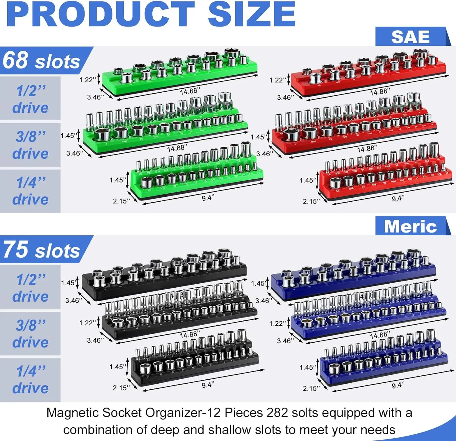 12 Pcs Magnetic Socket Organizers Sets Compatible with SAE and Metric Magnetic Socket Holders 1/4'', 3/8'', 1/2'' Drive Socket T