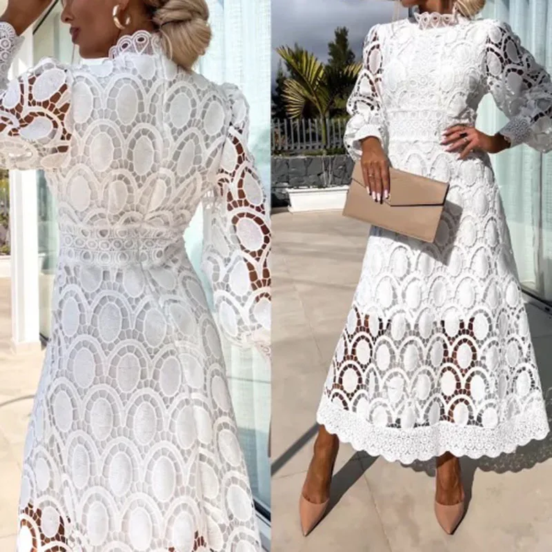 

Women Crochet Hollow Solid Party Dress Sexy Half High Lace High Waist Slim Long Dress Fashion Summer Lace Patchwork Maxi Dress