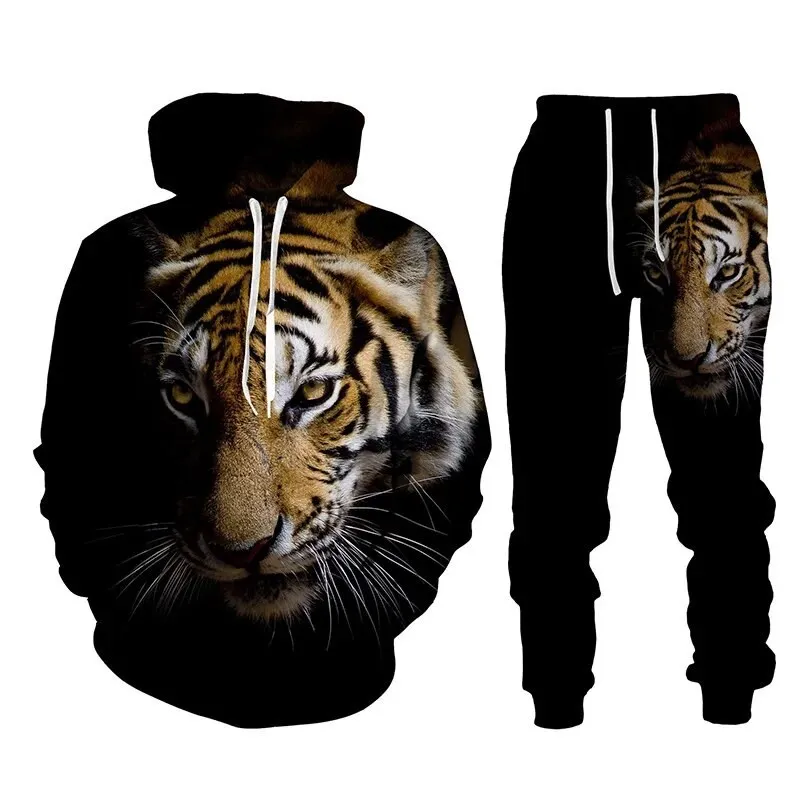 Fashion animal tiger Hoodie 3D Printed Men Hoodies Trousers Suit Casual Hooded Sweatshirt Sweatpants Tracksuits Set Men Clothing