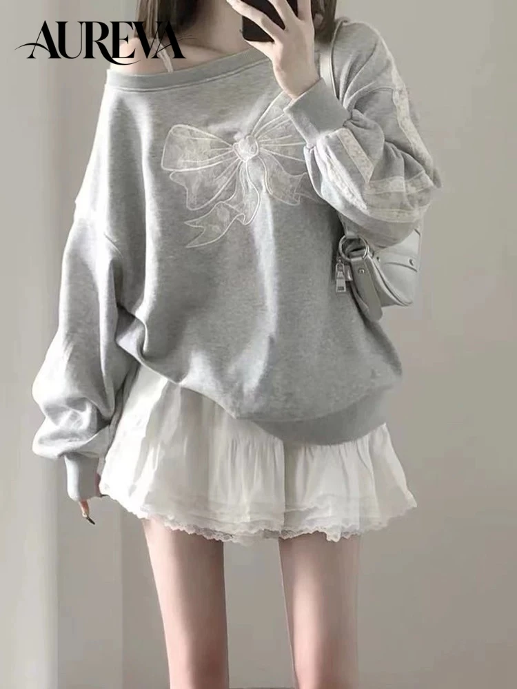 Gray Shoulder-Bared Sweatshirt Women Spring Autumn 2026 Loose Lazy Style Top with Lace Trim Design Sensation New Arrival