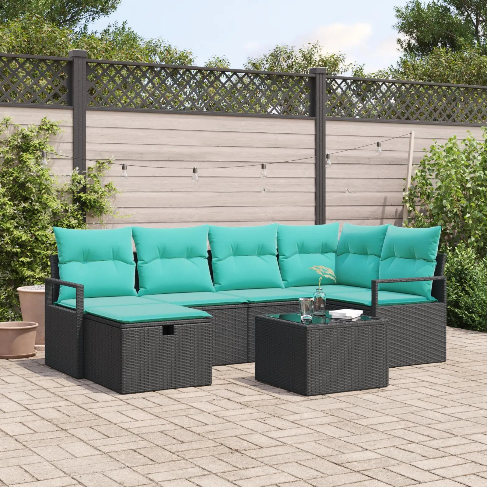 

7 Piece Black Poly Rattan Garden Sofa Set with Cushions Outdoor Furniture Stylish Patio Seating