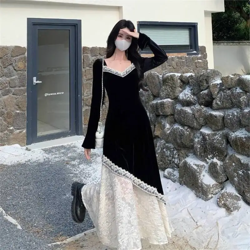 Vestido de mujer elegante y a la moda Retro con cuello en V de manga larga vestido de encaje de terciopelo negro nuevo vestido versátil elegante