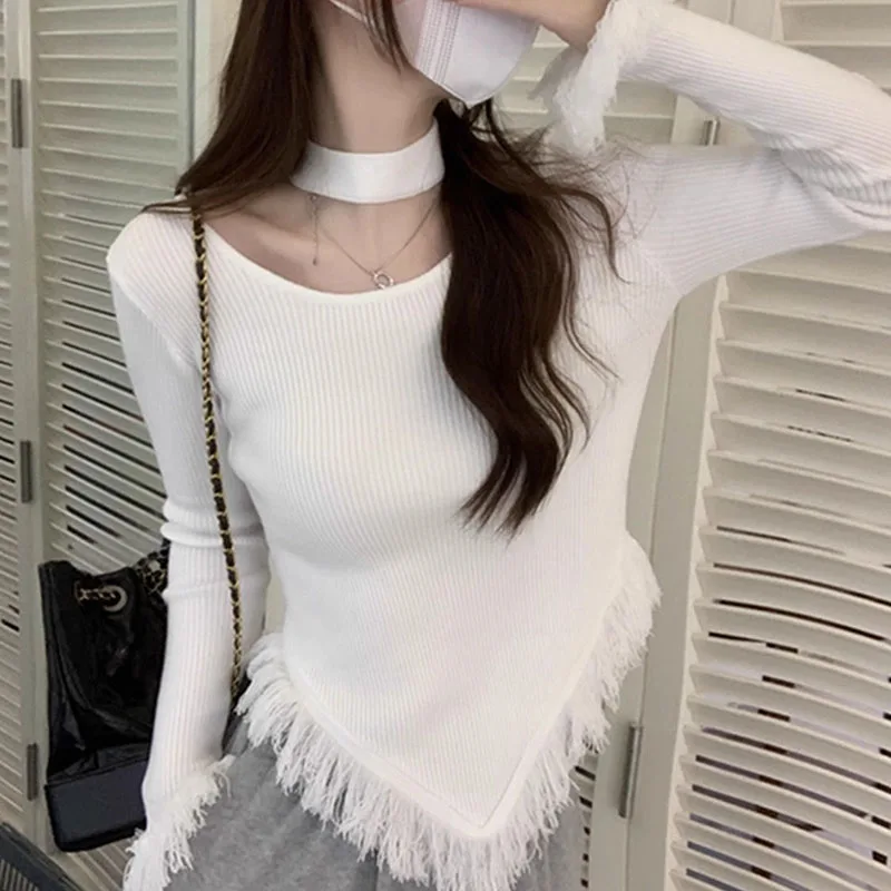 T-shirt slim avec pompon irrégulier pour femme, chemise astronomique, pull licou, document solide, vêtements d'automne et d'hiver