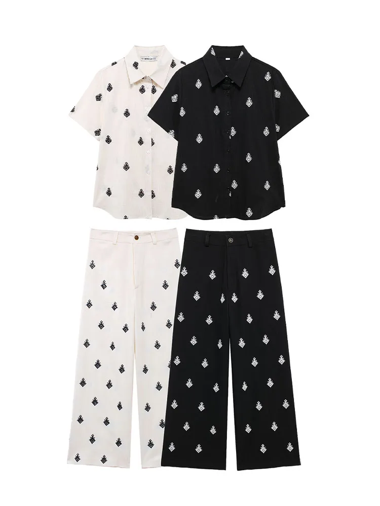 

TRAFZA Summer Female 2 Piece Set Elegant Contrast Turndown Collar Short Sleeve Shirt+Embroidery Wide Leg Button Pant Mujer