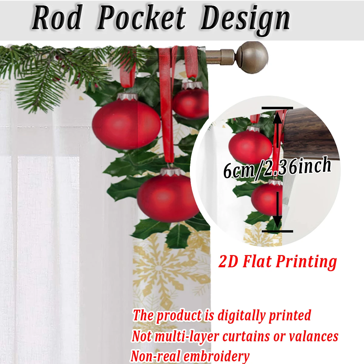 Christmas Flat Printing Kitchen Sheer Curtain with Merry Christmas Ball Bell Snowflake For Christmas Home Decor  Party