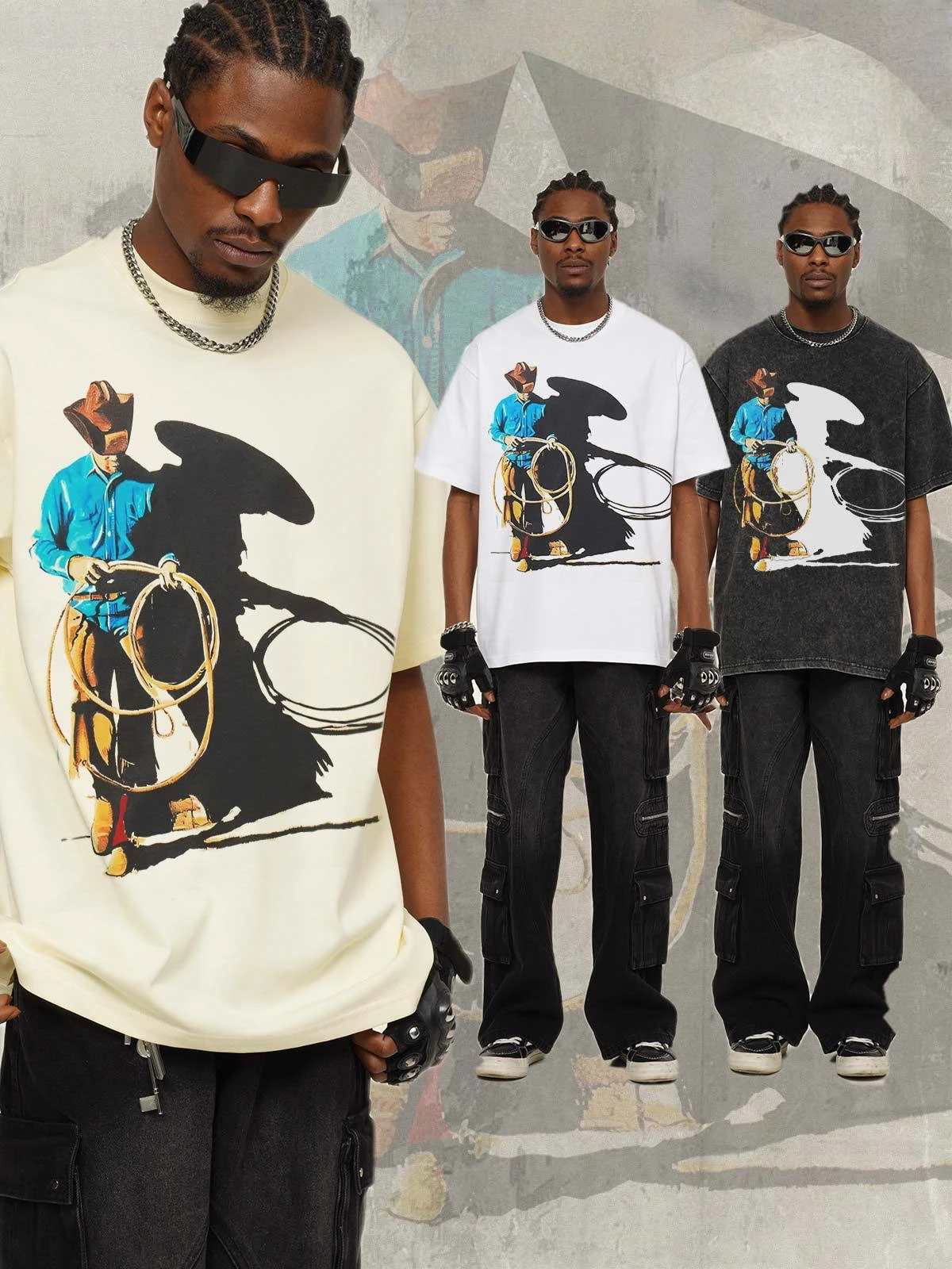 

2025 Classic Summer American Retro Western Cowboy Cotton Heavy Weight T-shirt Direct Spray Printed Short Sleeve Men's