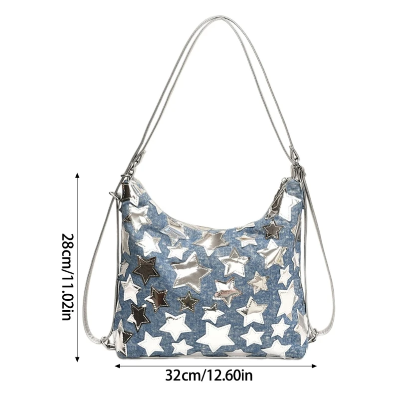 Mochila jeans transforma bolsa ombro com bolsa nas axilas com enfeite estrela