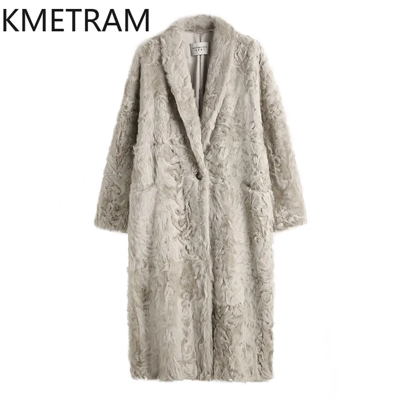 

KMETRAM 100% натуральная овчина с шерстью, куртка из овчины, женская модная свободная длинная шуба из натурального меха, зимняя одежда 2026