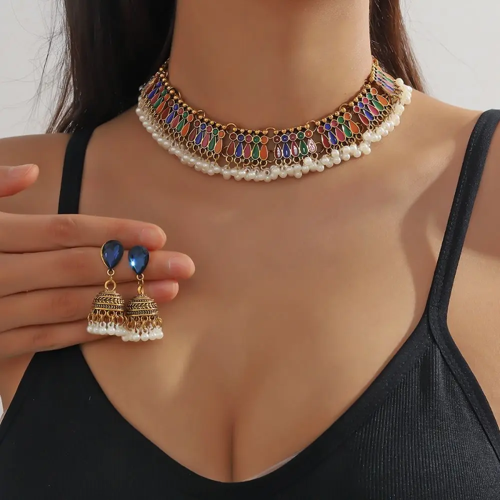 

Antique Fashionable Jewelry Set Ethnic Style Alloy Oil Drop Necklace And Earring Luxury High-End Clavicle Chain Gifts
