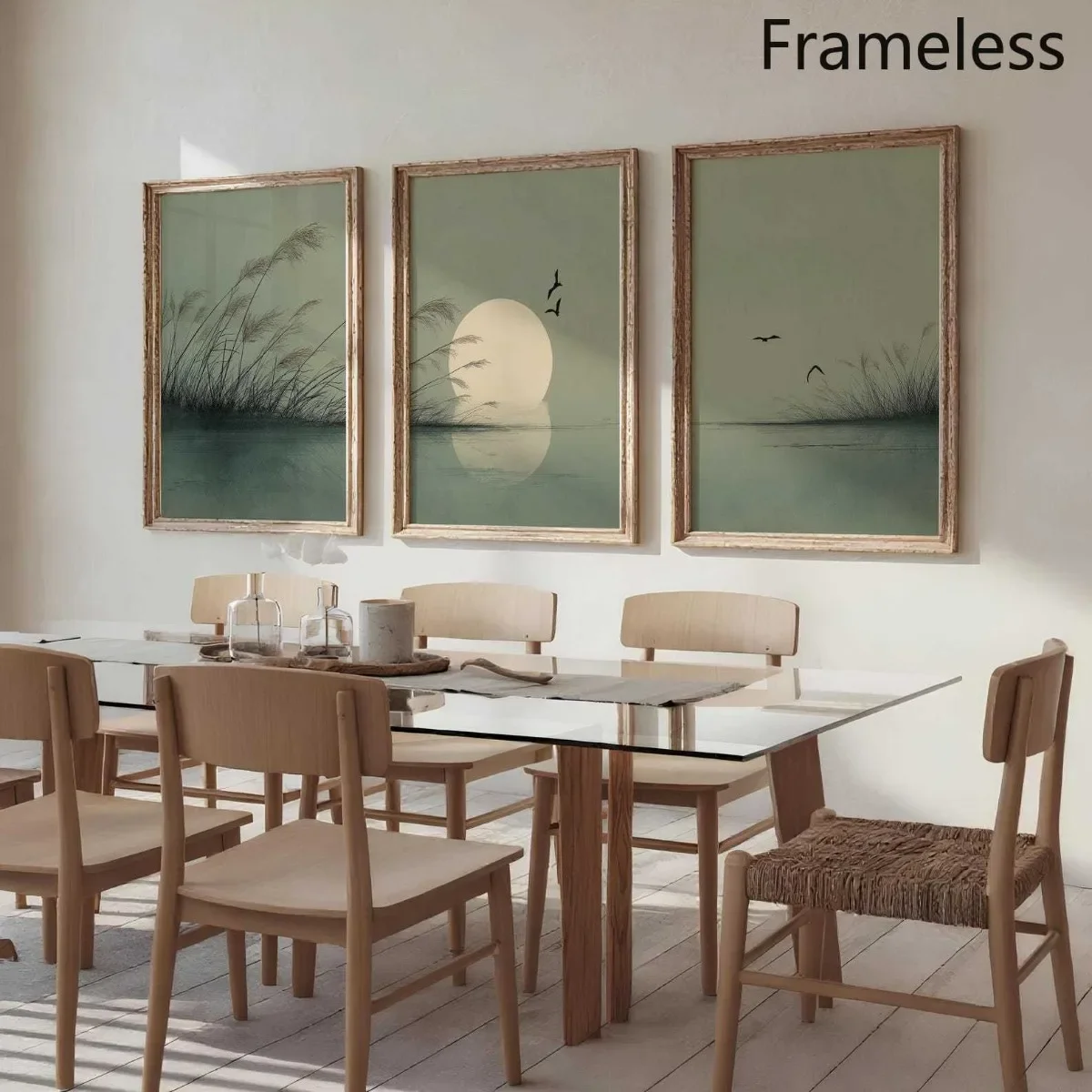 3PCS Large-sized frameless canvas paintings,3pcs/Set Japandi Sage Green Canvas Wall Art Poster - Unframed Misty Nature Painting