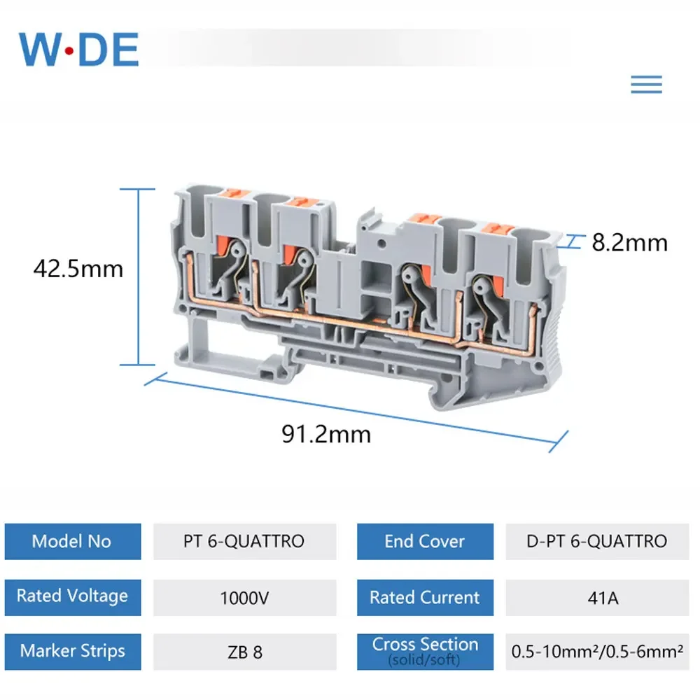 10Pcs Din Rail Terminal Block PT6-QUATTRO 4 Conductor Push In Spring 6mm² Feed Through Terminal Strips Block Wire Conductor