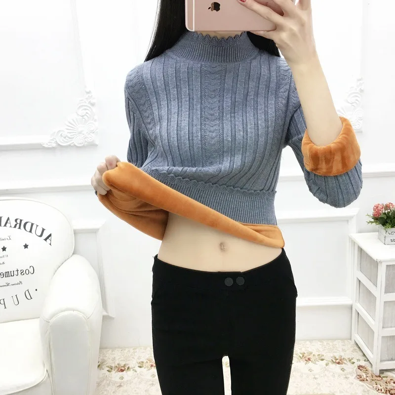 

Half Turtleneck Plus Velvet Sweater Bottoming Shirt Autumn and Winter Women's Slim Solid Color Fashionable Pullover Top