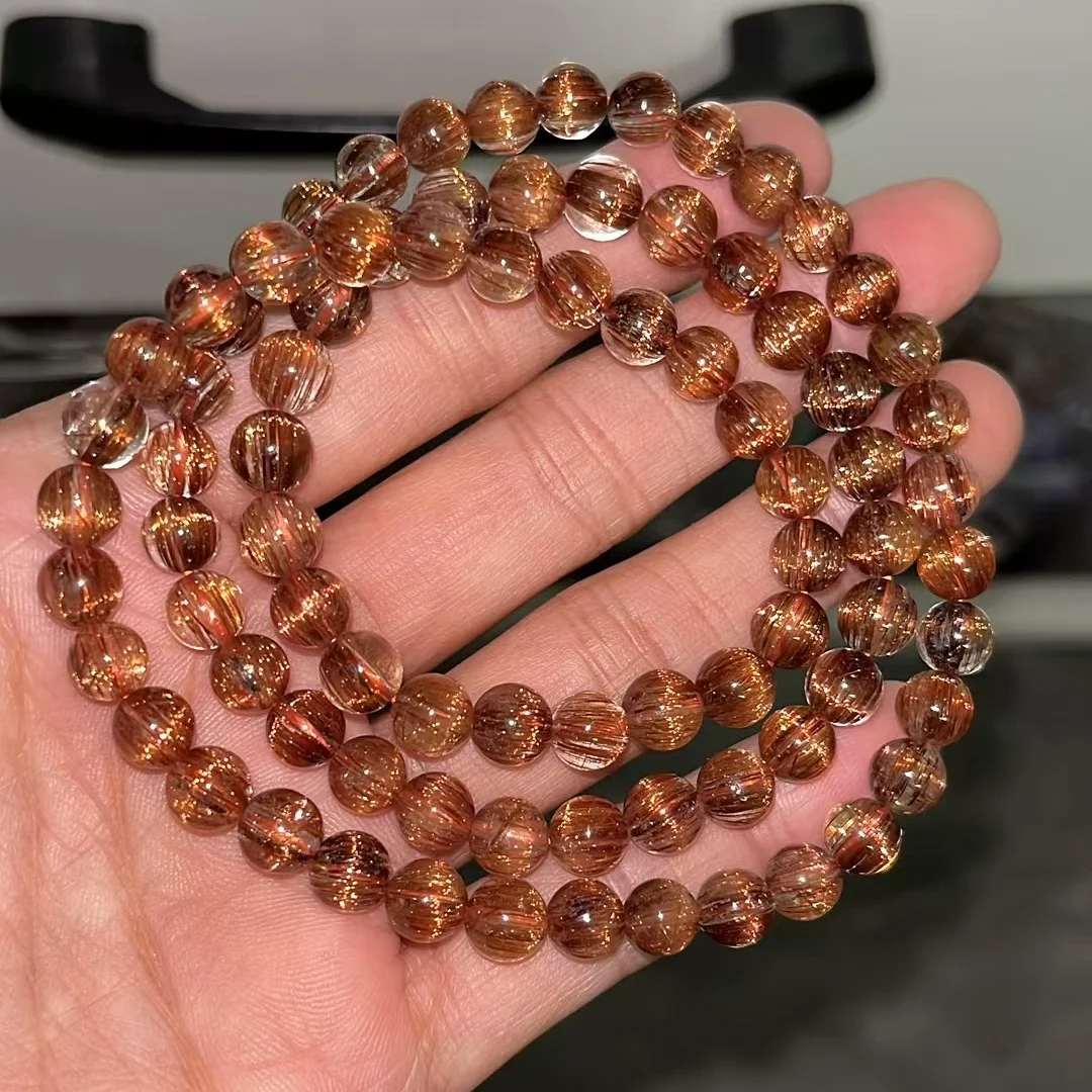 Natural Copper Rutilated Quartz Cat Eye Bracelet 6.8mm 3 Laps Round Beads Rutilated Women Man Bracelet AAAAA