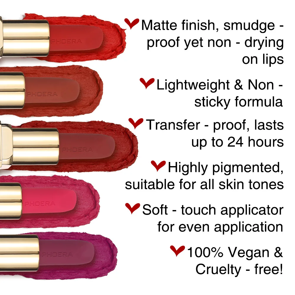 PHOERA Matte Lipstick Classic Beauty Lip Gloss Velvet LippenstiftTinted Balm Lip Tint Makeup 10 Colors Available