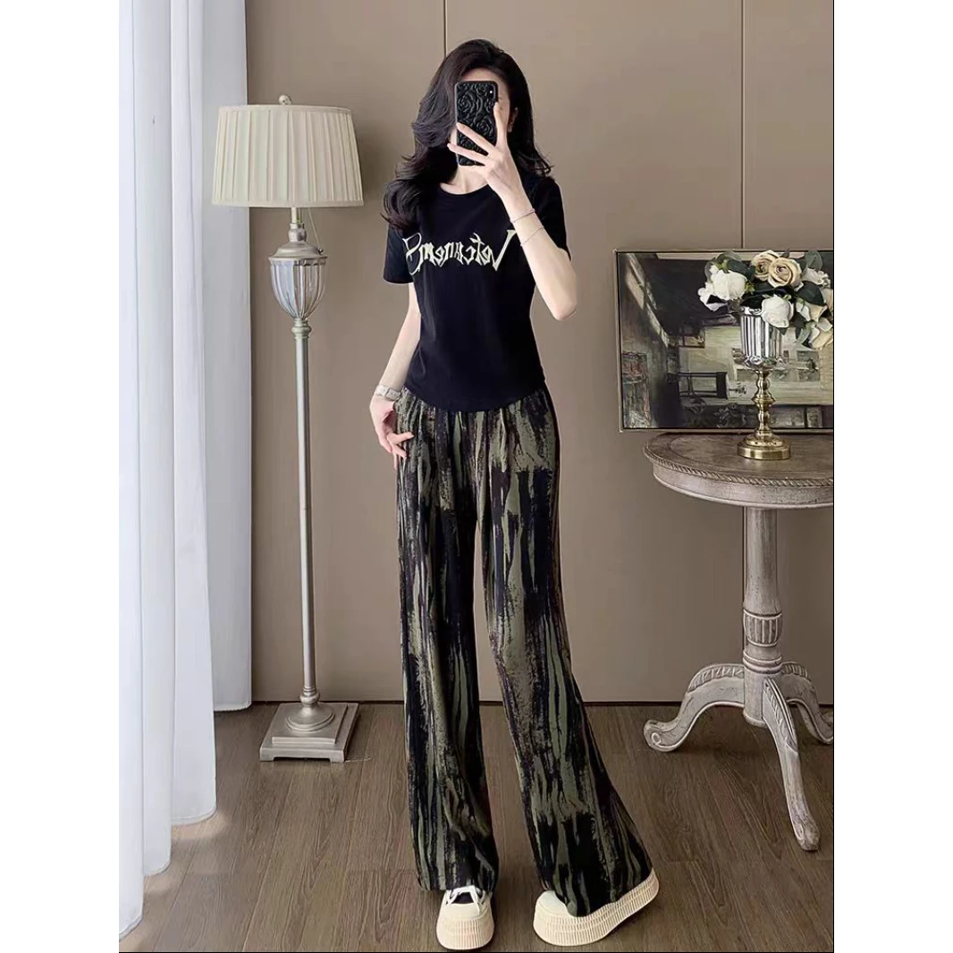 

Summer Anti-Aging Casual Sportswear Short Sleeve Print Wide Leg Pants Two-Piece Set Draping Feelings Leisure Fashion Design