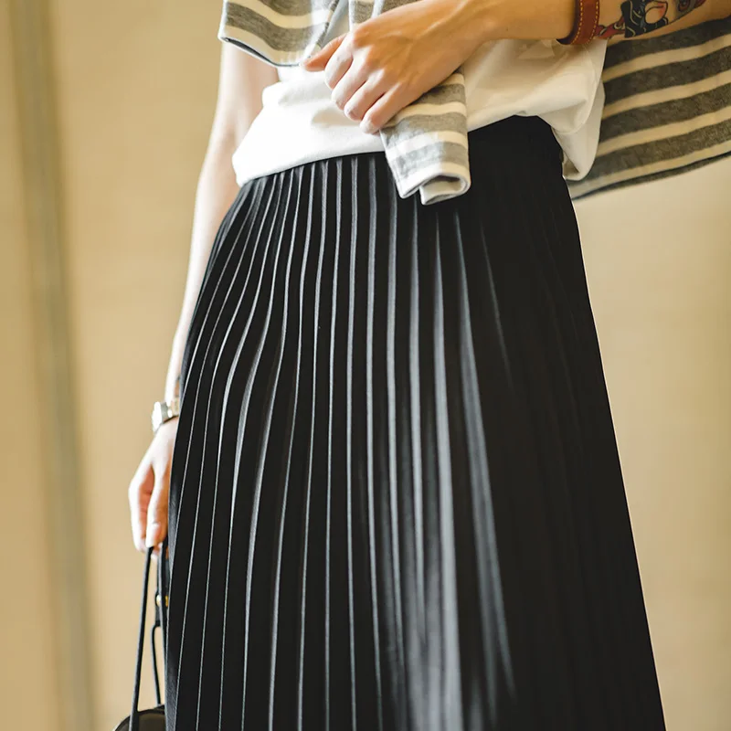 

Maden Vintage High Waist A-line Pleated Skirts Korean Fashion Casual Commuter Black Long Skirt Solid Color Luxury Bottoms