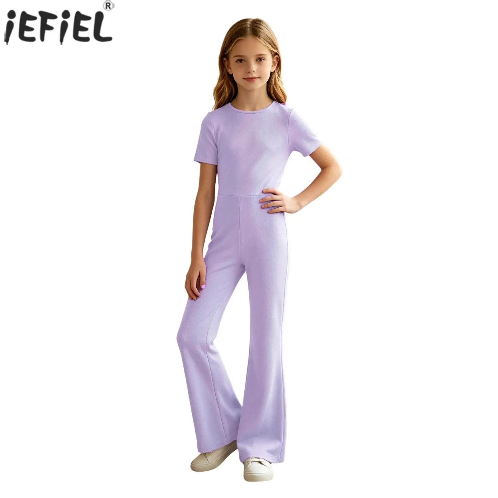 Kids Girls Casual Solid Color Jumpsuit Special Needs Adaptive Clothing Short Sleeve Anti-strip Back Zipper Bell-bottom Rompers