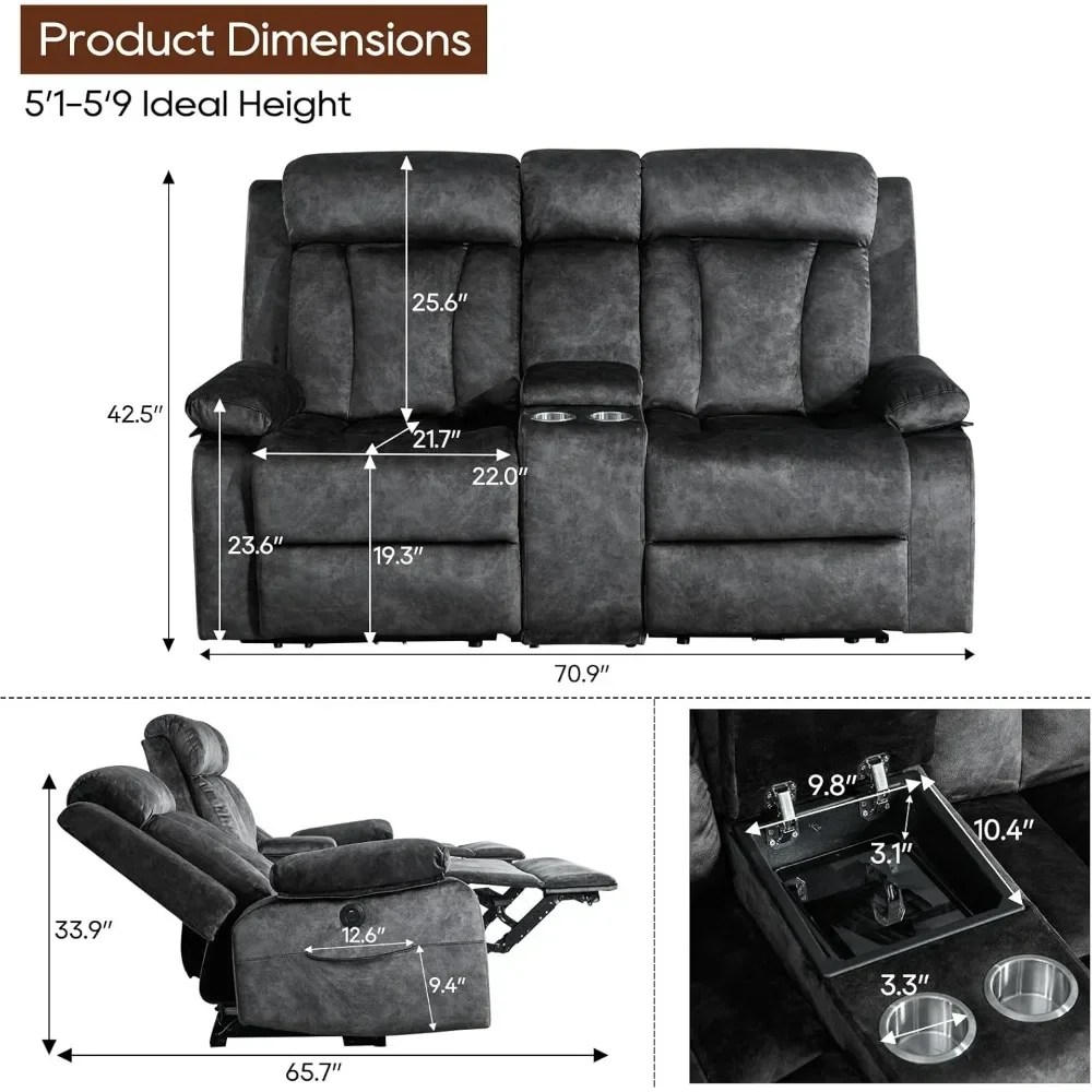 Dual Reclining Loveseat Sofas, Heat and Massage, Cup Holders, USB & Type-C Charge Ports, Pocket, Living Love Seat Recliner Sofa