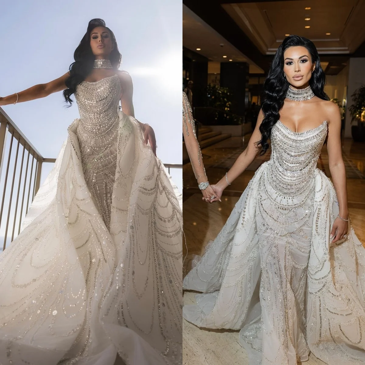 

Luxurious Wedding Dresses Detachable Train Mermaid Strapless Sequins Beading Crystal Bridal Gowns Vestidos De Novia Customized