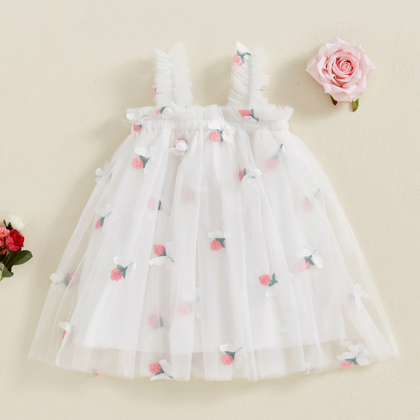 Toddler Girl’s Floral Embroidery Butterfly Slip Dress Sleeveless Summer A-Line Dress Tulle Princess Dress