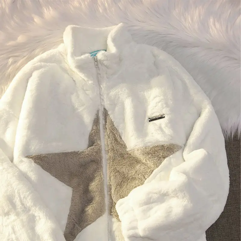 Autumn And Winter Fashion Five Pointed Star Print Harajuku Cardigan Women's Hoodie Stand Neck Warm Lamb Fleece Loose Sweatshirt