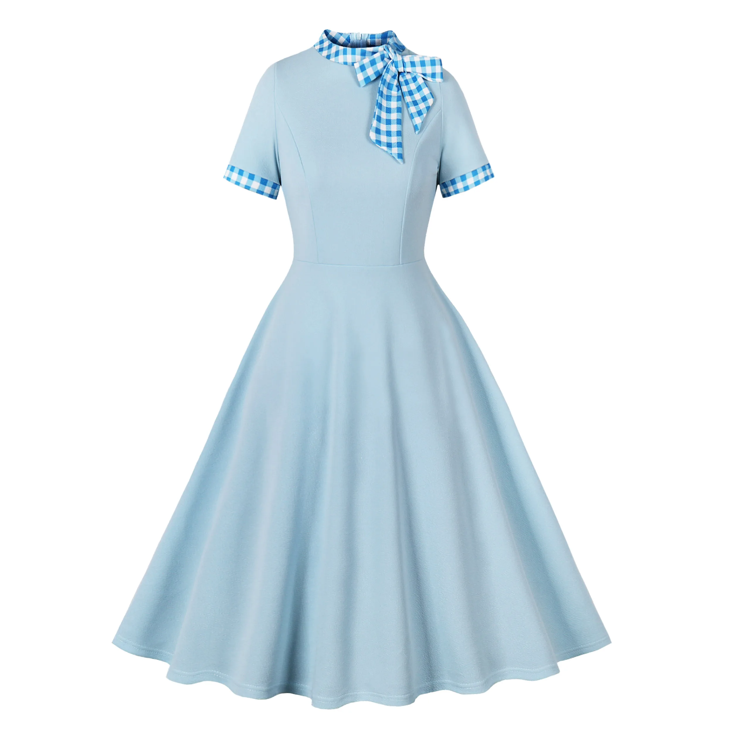 Plaid Sleeve Strap Bow Hepburn 50S New Elegant and Simple Women's Dress