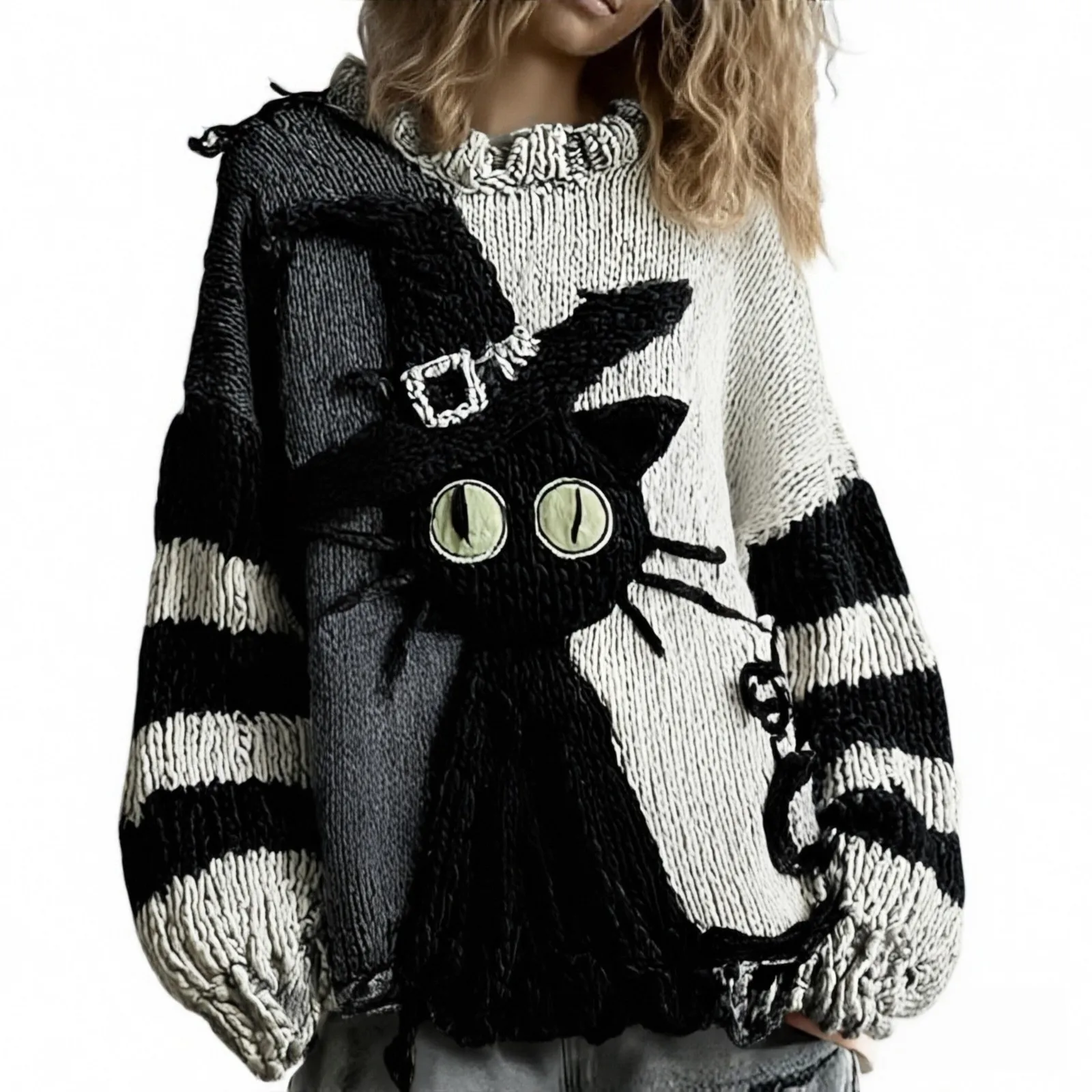 Nuovo maglione a maniche lunghe allentato da donna in stile europeo americano, pullover con scollo a O con stampa digitale dei cartoni animati, elegante e unico ​