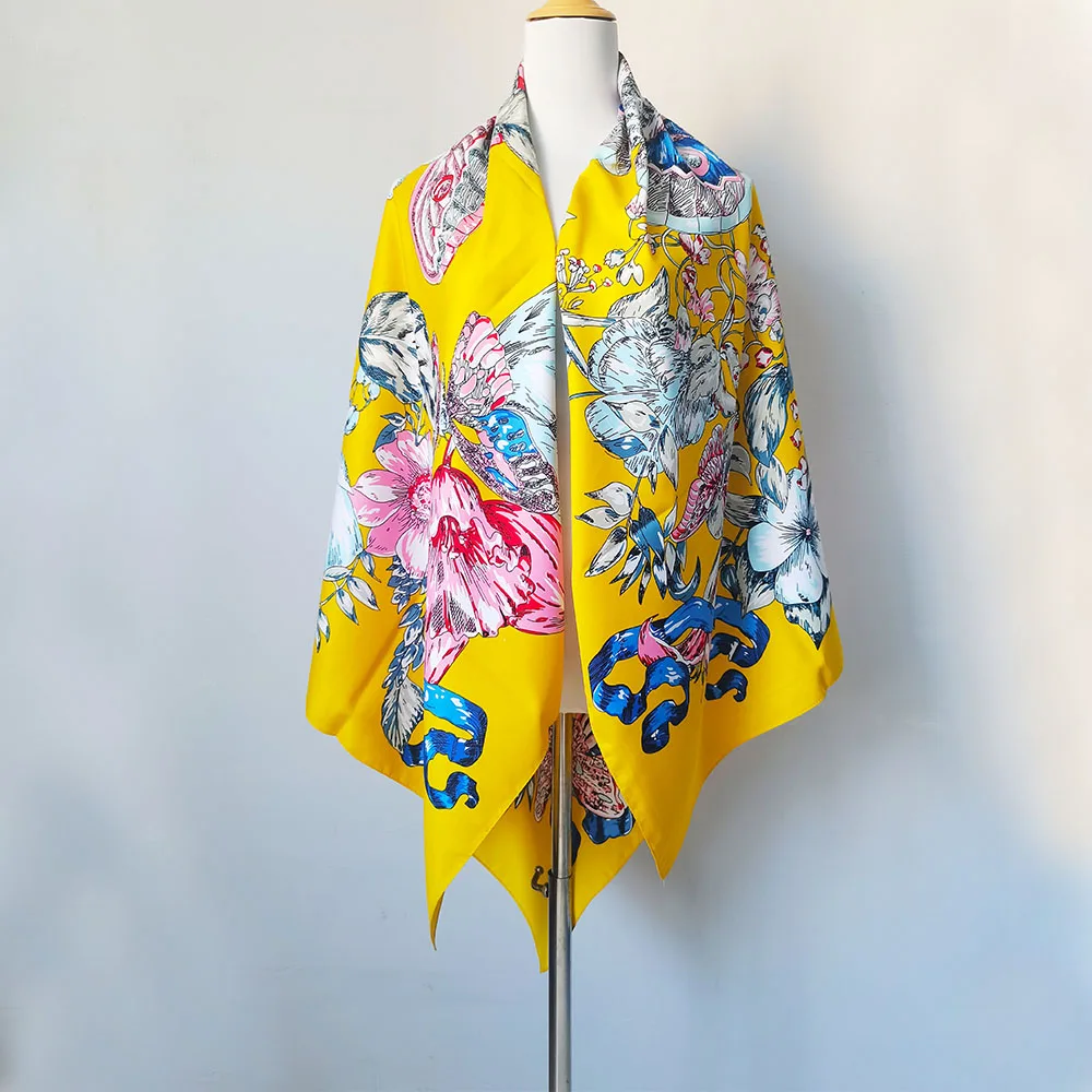 Yellow Silk Scarves Butterfly Shawl Floral Women Headwrap Shawl Muffler Pareo Bandanna Female Hijab Poncho Souvenir Gift PRESENT