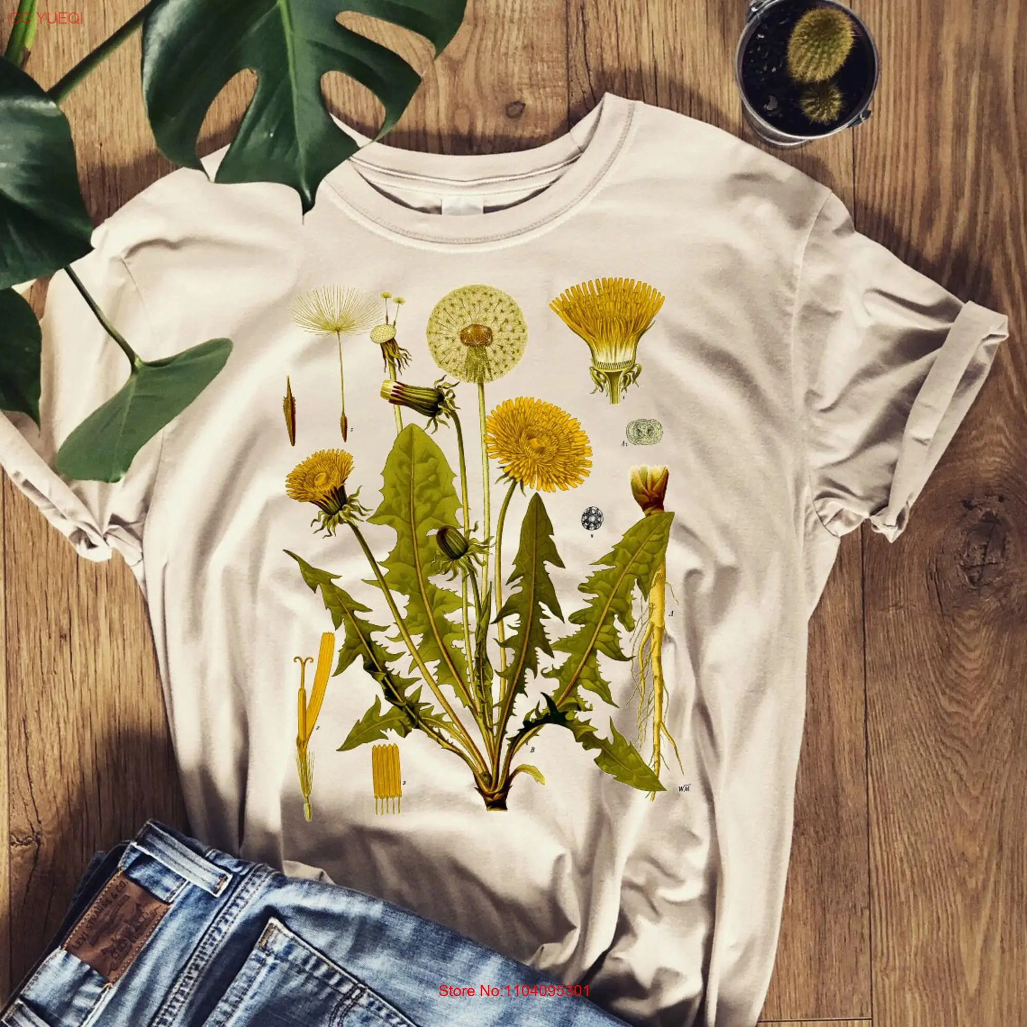 Dandelion Botanical Art t shirt Cottagecore Goblincore Yellow Flower Flowers Plants Nature Lover Vintage Aesthetic